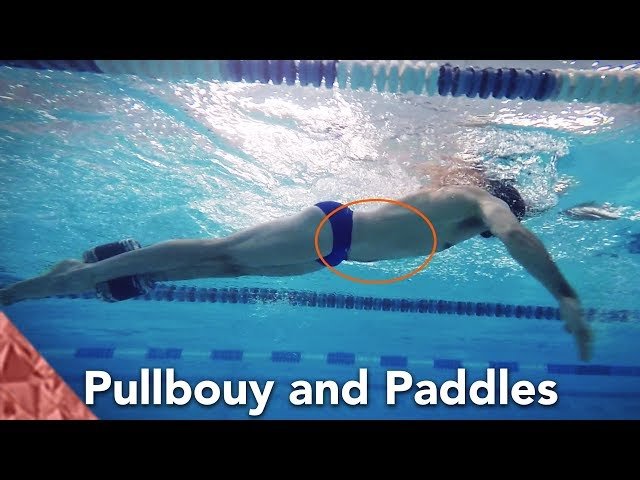 Swimming freestyle position. Pullbouy and paddles
